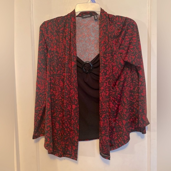 Notations Sweaters - Notations Red and Black Cardigan with Built in Black Tank Top Large